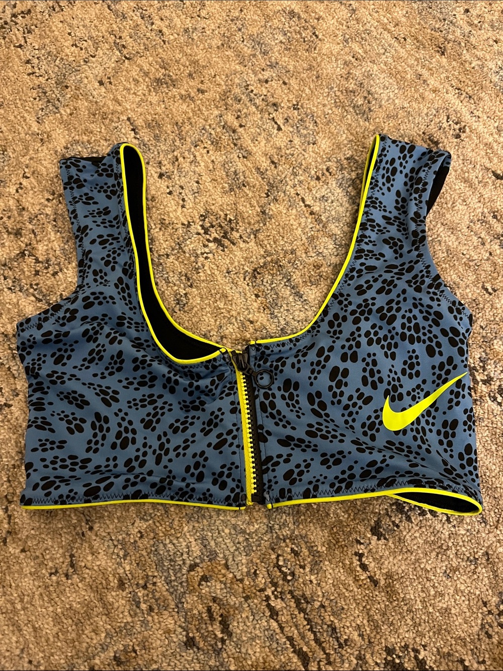 Nike Women’s Blue and Black Leopard-Print Zip-Front Swim Top with Yellow Trim